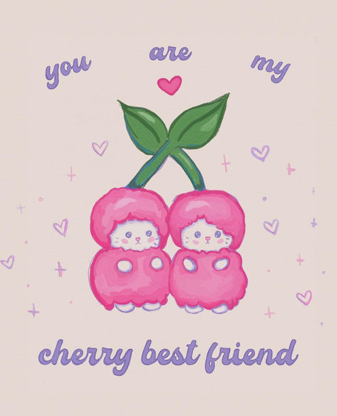 Cute Best Friends Illustration, "You are my Cherry Best Friend." Cute drawing. Cherry Cute Drawing, Besties Drawing Easy, Cute Best Friend Paintings, Drawings For Besties, Cute Friendship Drawings, Bsf Drawing, Drawings For Best Friends, Best Friend Doodle, Two Besties Drawing