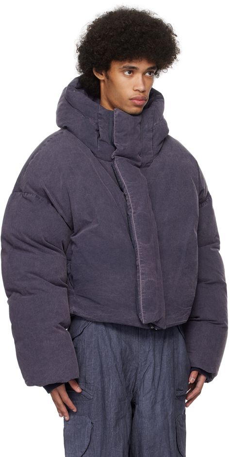 Down-filled quilted enzyme-washed cotton canvas jacket. · Bungee-style drawstring at hood and hem · Funnel neck · Zip closure with velcro placket · Welt pockets · Dropped shoulders · Inset rib knit cuffs · Zip pocket at interior · Fully lined Supplier color: Indium Fill: 90% duck down, 10% feather. Entire Studios Puffer, Puffer Jacket Design, Entire Studios, Puffer Jacket Style, Heavy Winter Coat, Mannequin Display, Bubble Coat, Winter Puffer Coat, Winter Jacket Women