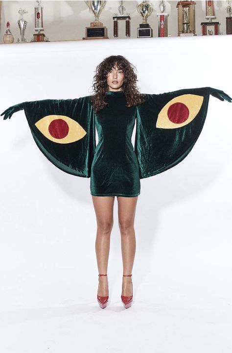 Velvet Short Dress Outfit, Interstellar Outfit, Monster Inspired Outfits, Weird Fashion Aesthetic, Solar System Dress, Mid Century Modern Fashion, Moth Costume, Moth Dress, Simple Halloween Costumes