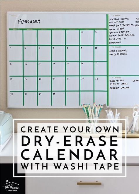 Transform any blank dry erase board into a custom calendar perfectly suited for your needs with washi tape! Whiteboard Organization, Diy Dry Erase Board, Diy Whiteboard, Diy Desk Calendar, Dry Erase Board Calendar, Whiteboard Calendar, Calendar Board, Goal Board, Classroom Calendar