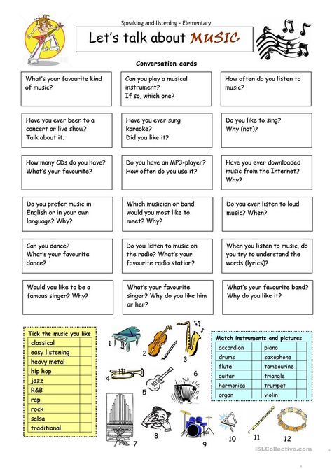 Let's Talk about Music - English ESL Worksheets for distance learning and physical classrooms Educational Therapy, Speaking Cards, Vocabulary Exercises, Speaking Practice, Esl Activities, Music Worksheets, Conversation Cards, Conversational English, Speaking Activities