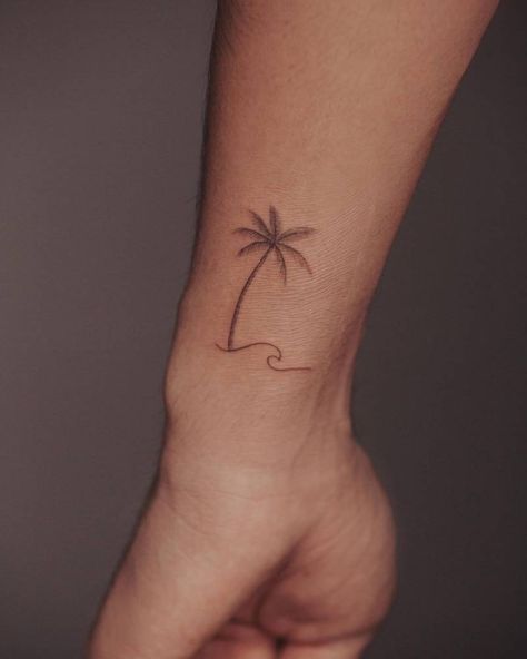 Small Coconut Tree Tattoo, Aesthetic Palm Tree Tattoo, Single Needle Palm Tree Tattoo, Palm Tree Wave Tattoo Ankle, Palm And Wave Tattoo, Small Palm Tree Tattoo Wrist, Wave Tattoo With Palm Tree, Palm Tree Neck Tattoo, Pura Vida Palm Tree Tattoo