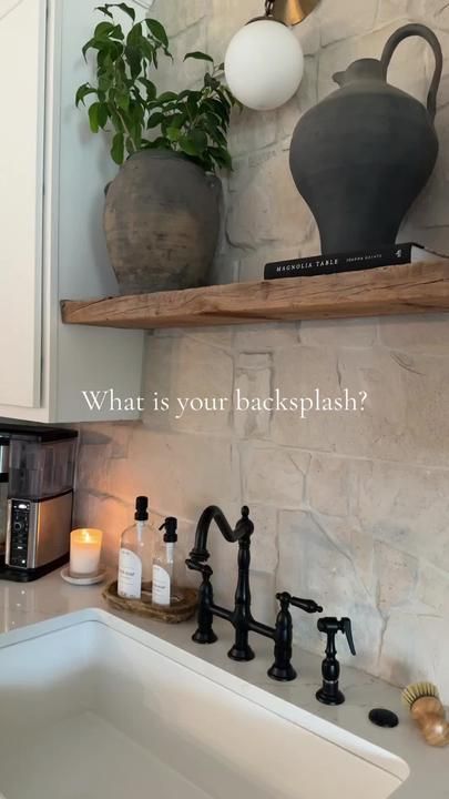 kristinanevans on TikTok Light Stone Kitchen Backsplash, Organic Kitchen Inspiration, Oven Wall Kitchen, Shelf On Backsplash, Whitewashed Stone Backsplash, Stone Kitchen Hood Ideas, Rough Stone Backsplash Kitchen, Stone Wall Backsplash, Venetian Plaster Backsplash