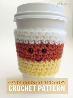 Crochet Candy Corn Cup Cozy, Crochet Halloween Cup Cozy Free Pattern, Crochet Fall Cup Cozy Free Pattern, Cup Cozies Crochet Pattern Free, Crochet Cozy Free Pattern, Crochet Coffee Cozy Free Pattern, Crochet Cup Cozy Free Pattern, Crochet Coffee Cup Cozy, Crochet Candy Corn