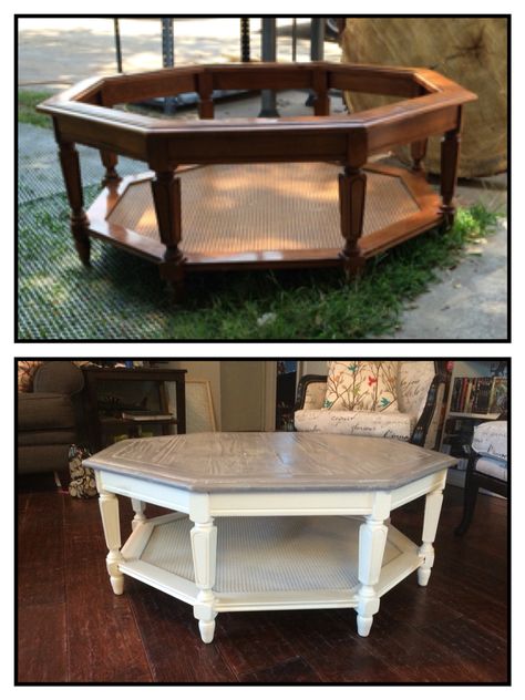 Old octagon shape table someone dumped on the side of the road for trash pick up. I filled in the hole with wood I cut to fit with a table saw. Used enamel paint on the base and rustic grey stain on top. Then polished it off with white wax which highlighted the wood grain beautifully. Hexagon Coffee Table Makeover, Octagon Coffee Table Makeover, Octagon Table Makeover, Glass Coffee Table Makeover, Octagon Coffee Table, Refurbished Coffee Tables, Coffee Table Redo, Hexagon Coffee Table, Table Redo