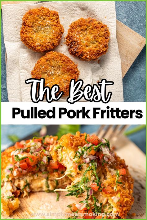 Don't let your leftover pulled pork go to waste! Make these pork patties using Panko Crumbs and a tangy BBQ sauce. These pulled pork fritters are perfect for any occasion, whether it's a tailgating recipe or just a quick snack. Save the recipe for later and enjoy these tasty pork cakes made from your pulled pork leftovers! Uses For Leftover Pulled Pork, What To Make With Shredded Pork, What To Make With Leftover Pork Roast, What To Do With Pork Roast, Pulled Pork Sandwiches Toppings, Pulled Pork Toppings, Pork Fritters Recipes, Cooked Pulled Pork Recipes, Ways To Eat Pulled Pork