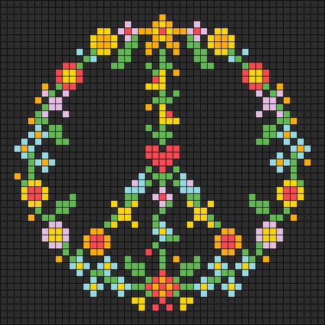 Hippy Perler Bead Patterns, Groovy Pixel Art, Small Alpha Patterns, Hippie Cottagecore, Cottagecore Flowers, Perler Designs, Christian Cross Stitch, Flowers Heart, Pixel Art Templates