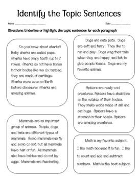 This worksheet can be used after a mini lesson, to use to teach with, or to assess with.  There are 5 mini (informational/opinion) paragraphs.  Each paragraph includes a clear topic sentence and a clear closing sentence.  Students can highlight to identify the topic sentences and/or closing sentences depending on the focus of your lesson.  I found this to be useful for my self contained classroom and hope you find that it helps you too! Can be used as an exit ticket as well!I hope to receive a r Topic Sentence Anchor Chart, Topic Sentences Anchor Chart, Topic Sentence Worksheet, Closing Sentences, Opinion Paragraph, Sentence Anchor Chart, 2023 School, Third Grade Writing, English Education