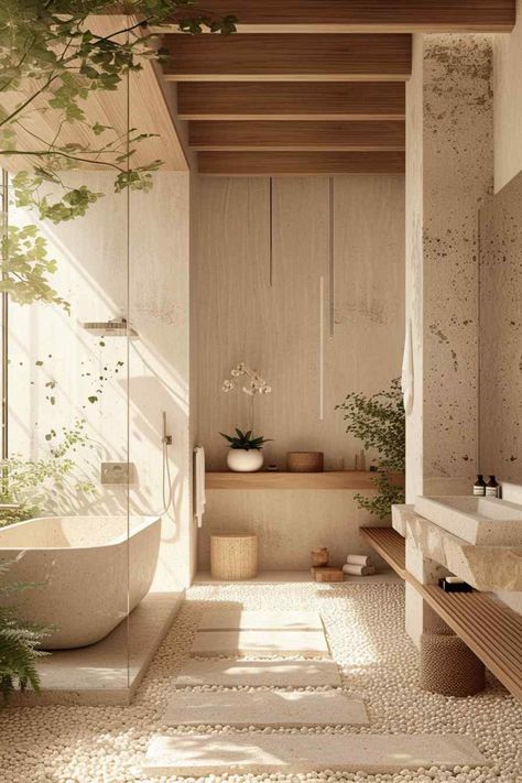 bathrooms scandi Japandi Board, Minimalist Luxury Bathroom, Natural Bathrooms, Toilet In Bathroom, Vacation Bathroom, Rustic Modern Bathroom, New Bathroom Designs, Garage Guest House, Japanese Home Design