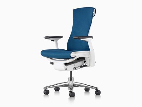 Marco Arment recommends - Herman Miller - Blue Embody office chair. White frame with Polished Aluminum base. Embody Chair, Office Chair White, Office Gaming Chair, Ergonomic Seating, Chair Options, Chair White, Traditional Chairs, Office Desk Chair, Ergonomic Office