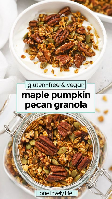 Let's make Maple Pumpkin Pecan Granola! This easy pumpkin granola recipe is the perfect fall breakfast. (Gluten-Free & Vegan!) / gluten-fee pumpkin granola recipe / vegan pumpkin granola recipe / fall breakfast recipe / pumpkin spice granola recipe / homemade granola recipe / pumpkin breakfast recipe / gluten free pumpkin spice granola / gluten free pumpkin recipe / gluten free vegan pumpkin recipe Pumpkin Granola Recipe, Vegan Granola Recipe, Gluten Free Pumpkin Recipes, Pecan Granola, Pumpkin Spice Granola, Pumpkin Granola, Breakfast Homemade, Clean Eating Vegetarian, Vegan Granola