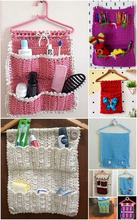 Crochet Hanger Organizer, Crochet For College Dorm Room, Crochet Household Items Home Decor, Crochet Wall Hanging Storage, Crochet Organizers Free Pattern, Crochet Organization Patterns, Crochet Home Organization, Crochet Hanging Organizer Free Pattern, Crochet Bathroom Organizer