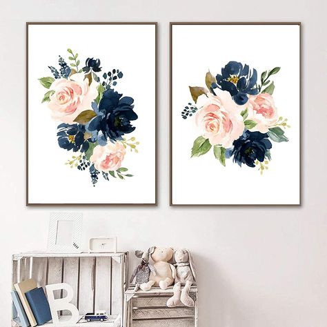 Boho Girls Nursery, Pink Floral Watercolor, Blue Flower Art, Blush Walls, Art Prints Boho, Floral Watercolor Paintings, Floral Wall Art Canvases, Girl Nursery Wall