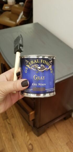 General Finishes Gray Gel Stain, Gel Stain On Laminate Furniture, White Gel Stain Over Oak, White Gel Stain, Gray Gel Stain, Painted Hutches, General Finishes Gel Stain, Chic Nightstand, Chandelier Makeover