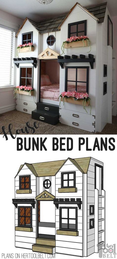 Build a super fun twin bunk bed that looks like a tiny house. Free plans on hertoolbelt.com Bunk Bed House Diy, Bunk Beds House, House Bed Bunk Bed, Fun Bunk Bed Ideas, Twin Girl Bedrooms Bunk Beds, Cute Kids Bed, Playhouse Bunk Beds Diy, House Bunk Beds For Kids, Bunk Bed Playhouse Diy