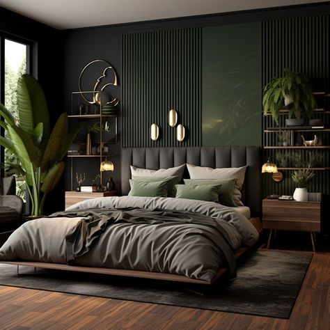 Bedroom Interior Dark Wood, Modern And Contemporary Bedroom, Modern Black And Wood Bedroom, Dark Green Brown Bedroom, Dark Elegant Bedroom Ideas, Dark Natural Bedroom, Black And Green Bedroom Aesthetic, Green And Black Interior Design, Master Bedrooms Black