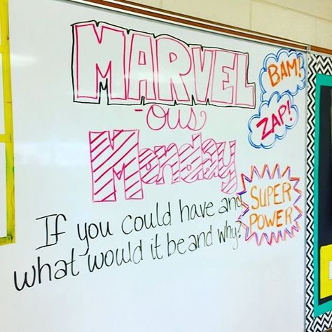 Makes it more engaging by asking students to choose their superpowers then giving them a problem to solve Whiteboard Inspiration, Whiteboard Activities, Whiteboard Questions, Whiteboard Prompts, Whiteboard Writing, Morning Writing, Marvelous Monday, Whiteboard Messages, Morning Board