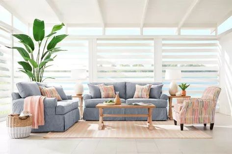 Beachside Walk Sleeper Sofa Small Coastal Living Room, Coastal Casual Living Room, Blue Living Room Sets, Coastal Cottage Living Room, Blue Couch Living Room, Affordable Furniture Stores, Nautical Living Room, Colourful Living Room Decor, Beach House Living Room