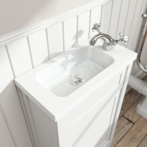 Narrow Vanities For Small Bathrooms, Small Vanity Unit, Small Cloakroom, Cloakroom Toilet, Cloakroom Vanity Unit, Narrow Bathroom, Timeless Bathroom, Cloakroom Basin, Compact Bathroom