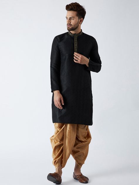 SOJANYA Men Black & Gold-Toned Self Design Kurta with Dhoti Pants - | 1799 Kurta With Dhoti, Design Kurta, Sherwani For Men, Dhoti Pants, Kurta Pajama, Indo Western, Marble Texture, Trendy Clothes, Self Design