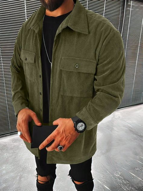 Army Green Casual Collar Long Sleeve Corduroy Plain  Embellished Non-Stretch  Men Clothing Green Corduroy Jacket Outfit Men, Men’s Corduroy Jacket, Shacket Outfit For Men, Mens Shacket Outfit, Shacket Outfit Men, Mens Plus Size Fashion, Layering Outfits Fall, Mens Fall Outfits, Button Down Outfit