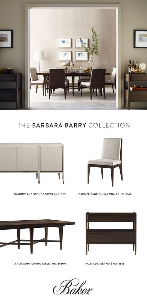 Freshen up your dining room chairs, tables and more. 15% off Baker Furniture Casegoods, now through March 31. *Only applicable in the US, Canada & Latin America. Baker Furniture Dining Chairs, Urban Office, Barbara Barry, Bedroom Seating, Dining Room Colors, Baker Furniture, Living And Dining Room, Traditional Furniture, Elegant Interiors