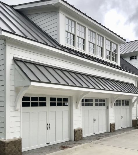 Three Garage Doors, Garage With Awning, Garage Door Awning Metal Roof, Shed Roof Over Garage Doors, Garage Side Door Entrance Ideas, Eyebrow Above Garage Door, Garage With Overhang Roof, Garage Construction Ideas, Extending Garage Forward