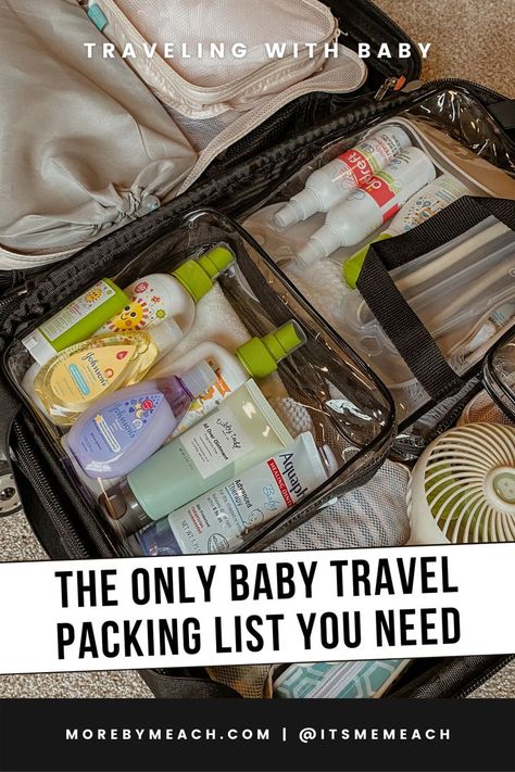 A picture of baby travel essentials packed in a suitcase. Packing For An Infant, Packing List For Travel With Baby, 6 Month Travel Packing List, Newborn Vacation Packing List, Traveling With Newborn Packing Lists, Infant Vacation Packing List, Family Trip Packing List, Packing Formula For Travel, Traveling Internationally With Baby