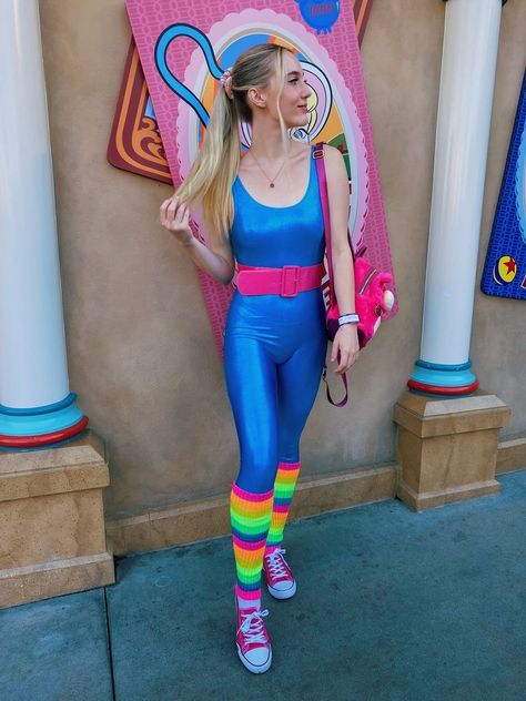 #disney #disneyland #oogieboogie #barbie #barbiecostume #toystory3 Barbie From Toy Story Costume, 80s Toys Costumes, Barbie Toy Story Costume, Toy Story Barbie Costume, Workout Barbie Costume, 80 Outfits, Toy Story Barbie, 80s Workout Outfit, Gym Costume