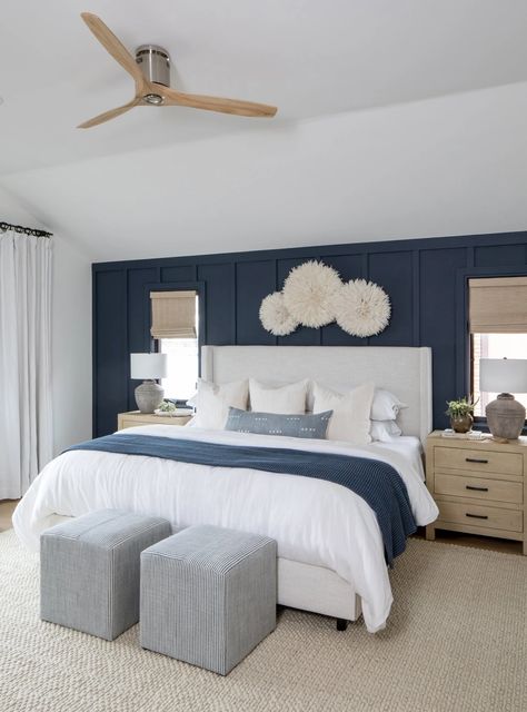 Portfolio (Title) One Navy Wall Bedroom, Navy White And Wood Bedroom, Navy Blue Statement Wall Master Bedrooms, Navy Wall Behind Bed, Master Bedrooms Decor Cozy Navy Blue, Bedding With Navy Walls, Dark Blue Accent Wall Master, Navy Blue Bedroom Board And Batten, Navy Bedframe Decor