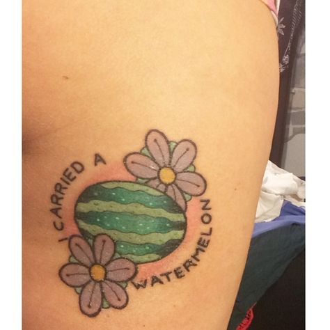 My Dirty Dancing "I carried a watermelon" tattoo done by Alex Strangler at the Chicago Tattoo Convention 3/22/15 <3 Dirty Dancing Tattoo Ideas, Dirty Dancing Tattoo, Fruit Tattoos, Iconic Tattoos, Mommy Daughter Tattoos, Watermelon Tattoo, Alex Strangler, Food Tattoo, I Carried A Watermelon