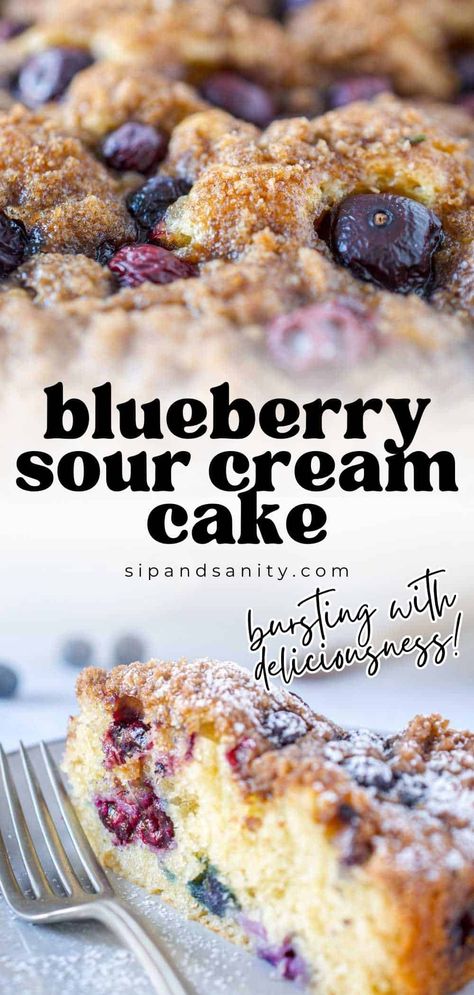 Bake some happy into your day with our Blueberry Sour Cream Coffee Cake! This easy recipe features a crispy streusel topping and a tender crumb thanks to sour cream, making it perfect for breakfast or dessert. Indulge in the best of blueberry flavors! Keto Blueberry Sour Cream Coffee Cake, Desserts With Sour Cream, Sour Cream Brownies, Sour Cream Recipes Easy, Blueberry Sour Cream Cake, Sour Cream Coffee Cake Muffins, Blueberry Sour Cream Coffee Cake, Blueberry Coffee Cake Recipe, Blueberry Loaf Cakes