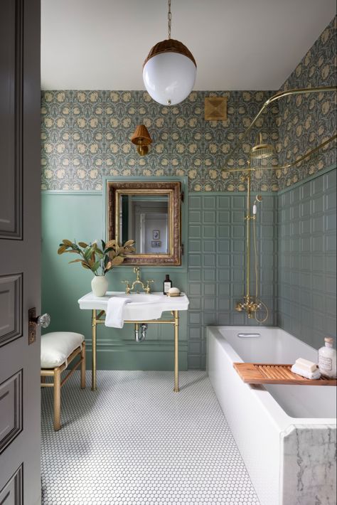 Sage green Victorian bathroom with penny tile floors, polished brass fixtures and gorgeous lighting. Small Victorian Bathroom, Victorian Bathroom Tiles, Modern Victorian Bathroom, Mint Bathroom, Tiny Dining Rooms, Location Scouting, Victoria House, Small Bathroom Interior, Victorian Bathroom