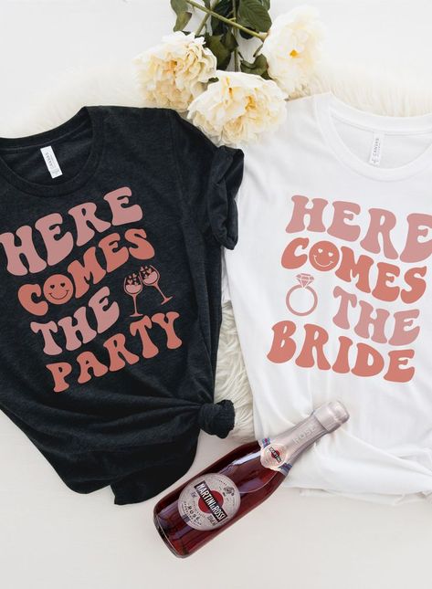 Perfect for you and the girls to celebrate your bachelorette party, or weekend getaway!! Bride And Bridesmaid Shirts Funny, Here Comes The Party Shirt, Bride Tshirt Ideas Funny, Bachelorette Party Tshirt Ideas, Wedding Tshirts Ideas, Bride Tshirt Ideas, Bride Shirt Ideas, Bachelorette Tshirt Ideas, Hen Fest