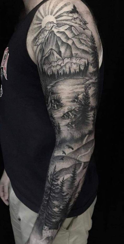 Jordan River Tattoo, River Arm Tattoo, Mountain Scene Tattoo Sleeve, River Tattoo Sleeve, Fairytale Sleeve Tattoo, Mountain And River Tattoo, Sleeve Tattoo Nature, Nature Sleeve Tattoo For Men, Mountain River Tattoo