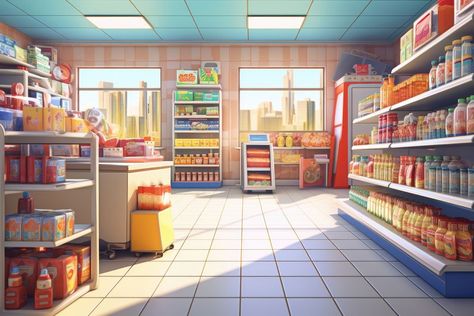 Supermarket Concept Art, Grocery Store Painting, Anime Supermarket, Supermarket Cartoon, Supermarket Illustration, Market Cartoon, Grocery Store Photoshoot, Grocery Store Background, Supermarket Background