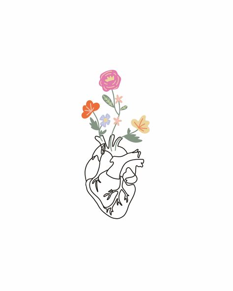 Heart With Flowers Growing Out Of It, Pink Anatomy Aesthetic, Heart Drawing With Flowers, Urban Logo Design, Heart Blooming, Blooming Heart, Full Hand Tattoo, Heart Line, Heart Doodle