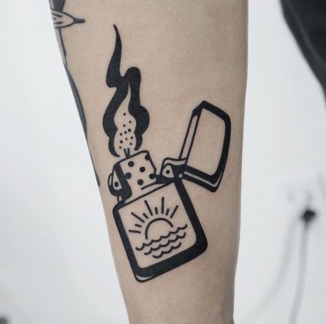 Lighter Flash Tattoo, Lighter Tattoo Traditional, Traditional Zippo Lighter Tattoo, Zippo Lighter Tattoo, Zippo Tattoo, Matchbox Tattoo, Lighter Tattoo, Illusion Tattoo, Trippy Tattoo