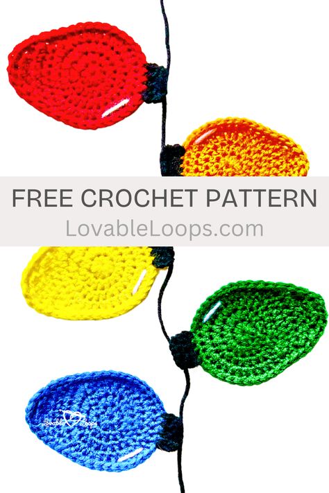 free Crochet Christmas Tree Lights Appliqué Pattern + Video Tutorial Crochet Christmas Lights Applique, Crochet Christmas Lights Pattern, Crocheted Christmas Lights Free Pattern, Crochet Ornament Garland, Crochet Christmas Light Applique, Crochet Light Bulb Garland, Free Christmas Crochet Patterns Tree Decorations, Christmas Crochet Lights, Crochet Present Applique