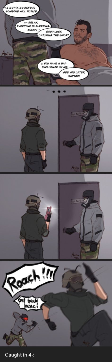 cr: @amikoroyaiart on tumblr Ghost X König X Soap, König X Soap X Ghost, Task Force 141 Roach, Ghost Roach Cod, Roach Cod Mw2 Fanart, Konig X Roach, Ghost X Soap Cute, Ghost And Roach Cod, Ghost X Soap Comic