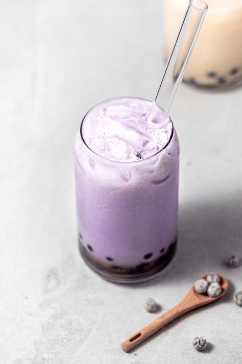 Taro Milk Bubble Tea with Real Taro Taro Recipes, Seasonal Vegan Recipes, Taro Bubble Tea, Homemade Brown Sugar, Brown Sugar Boba, Vegan Food Photography, Bubble Tea Straws, Sweet Potato Powder, Taro Root