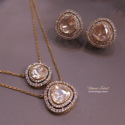 Romeo Juliet Pendant Set in Moissanite Polki Pendent Set Gold Pendant Earrings, Open Setting Polki Jewellery, Polki Designs, Polki Pendant Set, Mangalsutra Pendent, Step Chain, Diamond Polki Jewellery, Polki Pendant, Jewelry Closet