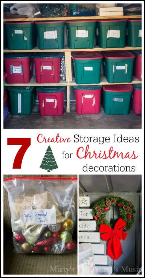 Running out of room in your closets? Blogger Marty's Musings shares 7 creative storage ideas for Christmas decorations that will get you organized in a flash! Her practical tips such as designating an area for your Christmas decor and using tubs and plastic bags for like items will inspire you to clean out the clutter for a stress free holiday! Holiday Storage Ideas Garage, Storage Ideas For Christmas Decorations, Christmas Closet Organization, Holiday Storage Closet, Organizing Christmas Decorations Storage, How To Store Christmas Decorations, Organizing Christmas Decorations, Christmas Declutter, Storing Holiday Decorations