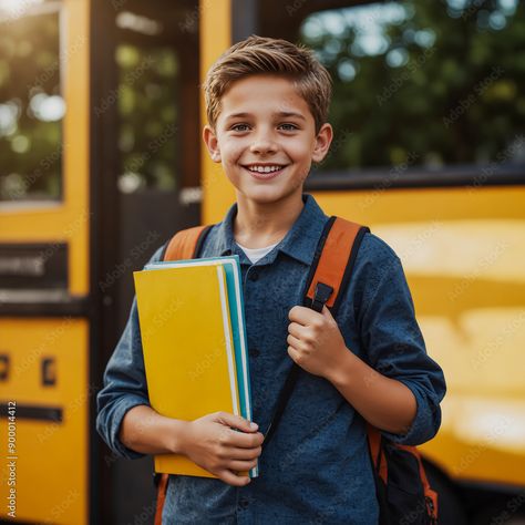 Boy Student Standing in Front of School Bus. Back to School Concept. #backgrounds #backtoschool #education #learning #school #student #books #online #computer #posters #banners #wallpapers #commercial #adobestock #shutterstock #creativemarket #dreamstime #etsy #pinterest #123RF #istock #gettyimages #flickr #zazzle #freepik School Students Photography, Teacher And Student Aesthetic, Bus Photoshoot, Photo Moodboard, Educational Architecture, School Concept, Student Picture, School Photo, Education Architecture