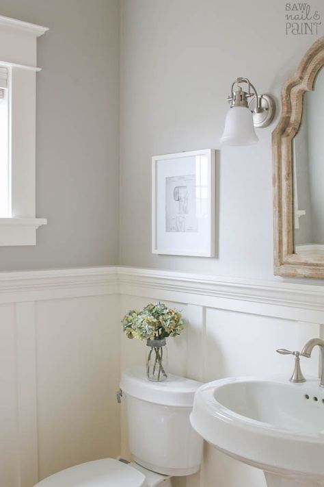 A pretty and fresh whole home paint color scheme using warm neutrals and calming blues. See photos of the paint colors used in actual rooms. Home Paint Colors, Home Paint Color, White Wainscoting, Home Paint, Paint Color Schemes, Bad Inspiration, Decor Baie, Bathroom Paint Colors, Room Paint Colors