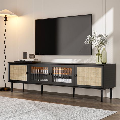 Arlyce LED Rattan TV Stand White Sitting Room, Black Tv Console, Tv Console Decor, Rattan Tv Stand, 75 Inch Tv, Tv Room Decor, Jj House, Tv Modern, Rattan Doors