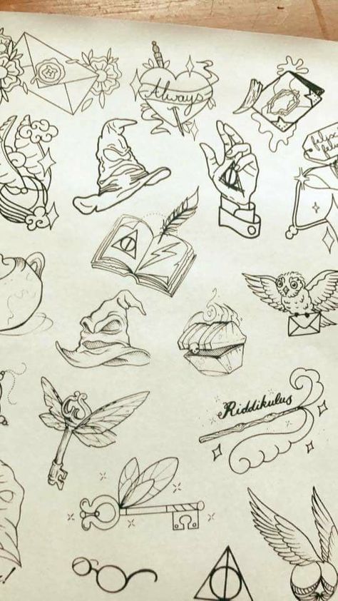 Harry potter tattoos Harry Potter Icons Aesthetic Symbols, Harry Potter Flash Tattoo Sheet, Threstals Harry Potter Art, Harry Potter Designs Drawings, Fantastic Beasts Tattoos, Harry Potter Flash Art, Dumbledore Tattoo Ideas, Harry Potter Flash Sheet, Harry Potter Tattoo Drawings