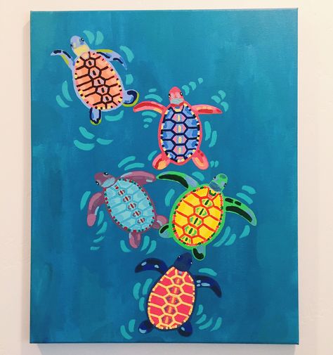 Turtle Paintings Easy, Colorful Turtle Painting, Seashell Acrylic Painting, Painting Turtles, Turtle Canvas Painting, Easy Turtle Painting, Turtle Painting Easy, Beachy Paintings Easy, Turtle Painting Acrylic