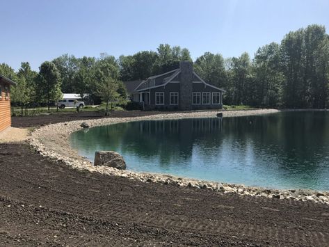 Big Fish Ponds Backyard, Farm Pond Ideas Large, Large Natural Pond Landscaping, Pond With Island In Middle, Large Pond Landscaping Ideas, Big Pond Ideas, Man Made Pond In Backyard, Farm Pond Ideas, Pond Landscaping Ideas Large