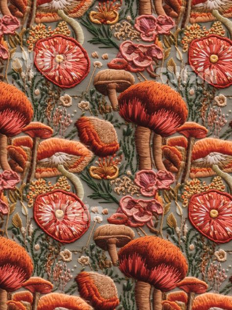 Cottage core Boho Mushrooms II Embroidery Seamless Mushrooms Embroidery, Embroidered Cactus, Mushroom Cottage, Join The Club, Selling Design, Embroidery Floral, Fabric Printing, Easter Girl, Christmas Embroidery